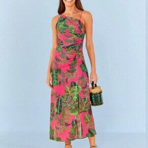 Farm Rio Pink Leaves Midi Dress L – NWT, Slit, Ruching, Open Back